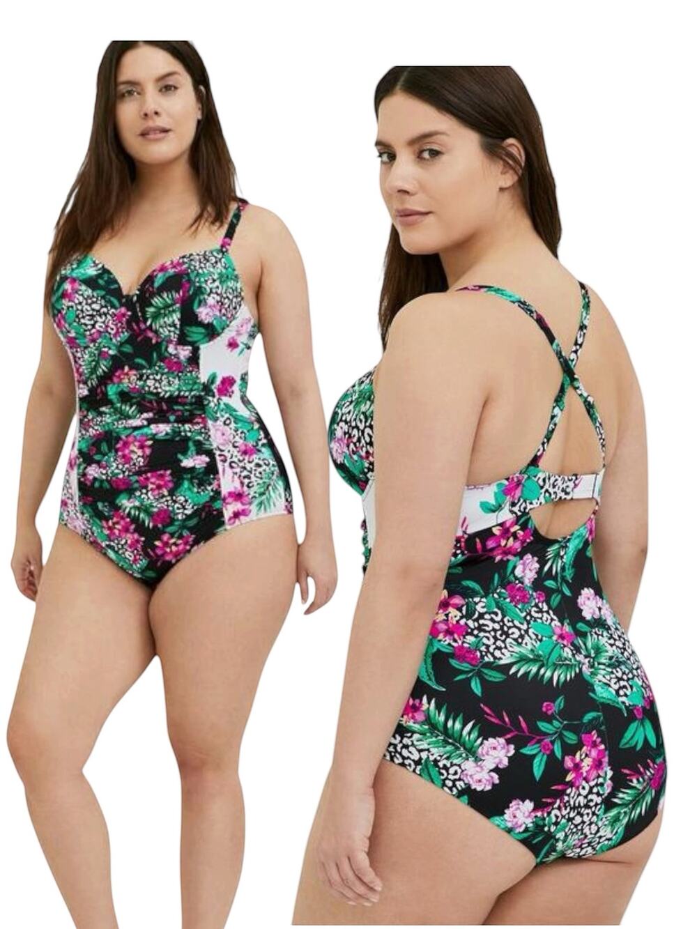 Torrid Slim Fix one-piece ruched swimsuit floral cheetah print design Size 2X